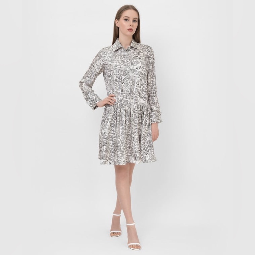 MAX MARA Aquileb Map Print Long Sleeve Silk Shirtdress size 6